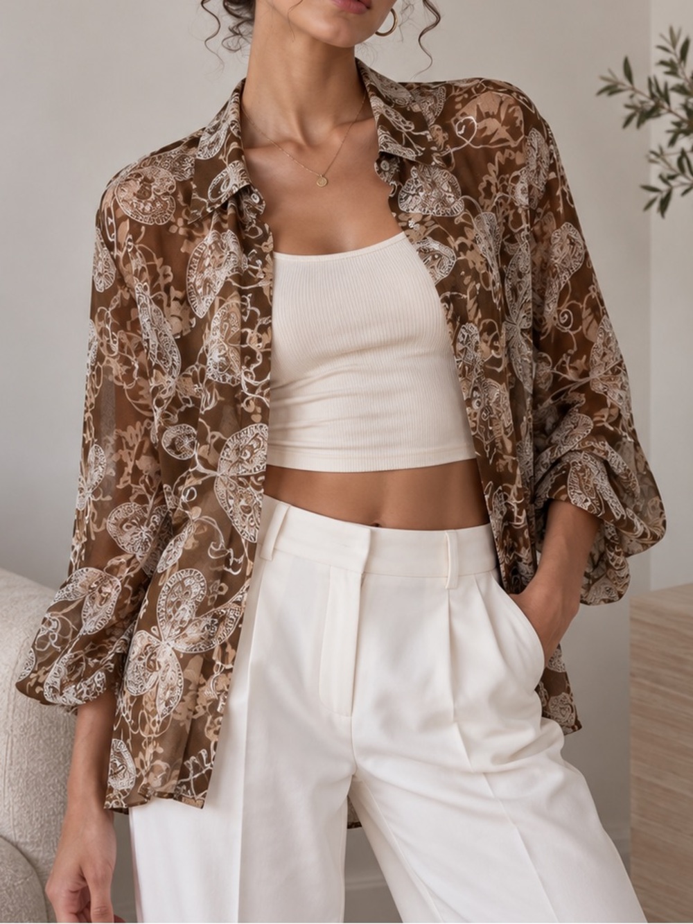 Alfred Dunner Brown Sheer Floral Paisley Button-Up Blouse